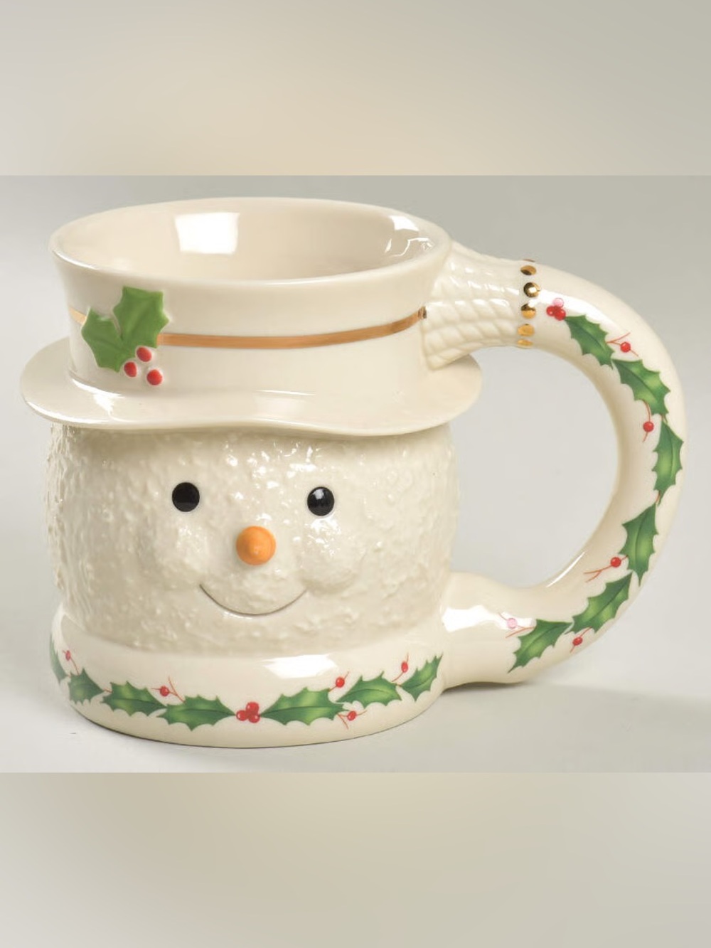 New in Box Lenox White Holiday Snowman Mug with Holly Accents